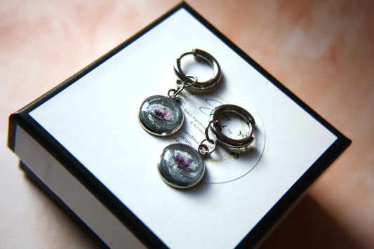 Small Side Pressed Baby's Breath Hoop Dangle Earrings
