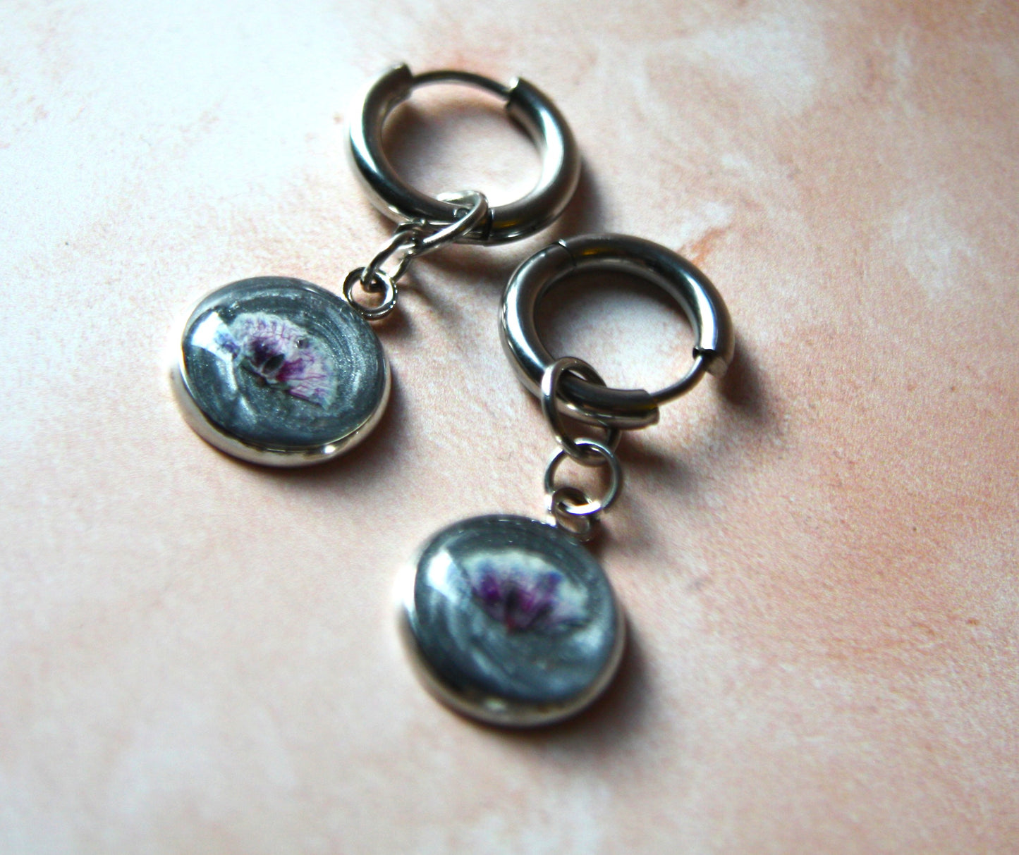 Small Side Pressed Baby's Breath Hoop Dangle Earrings