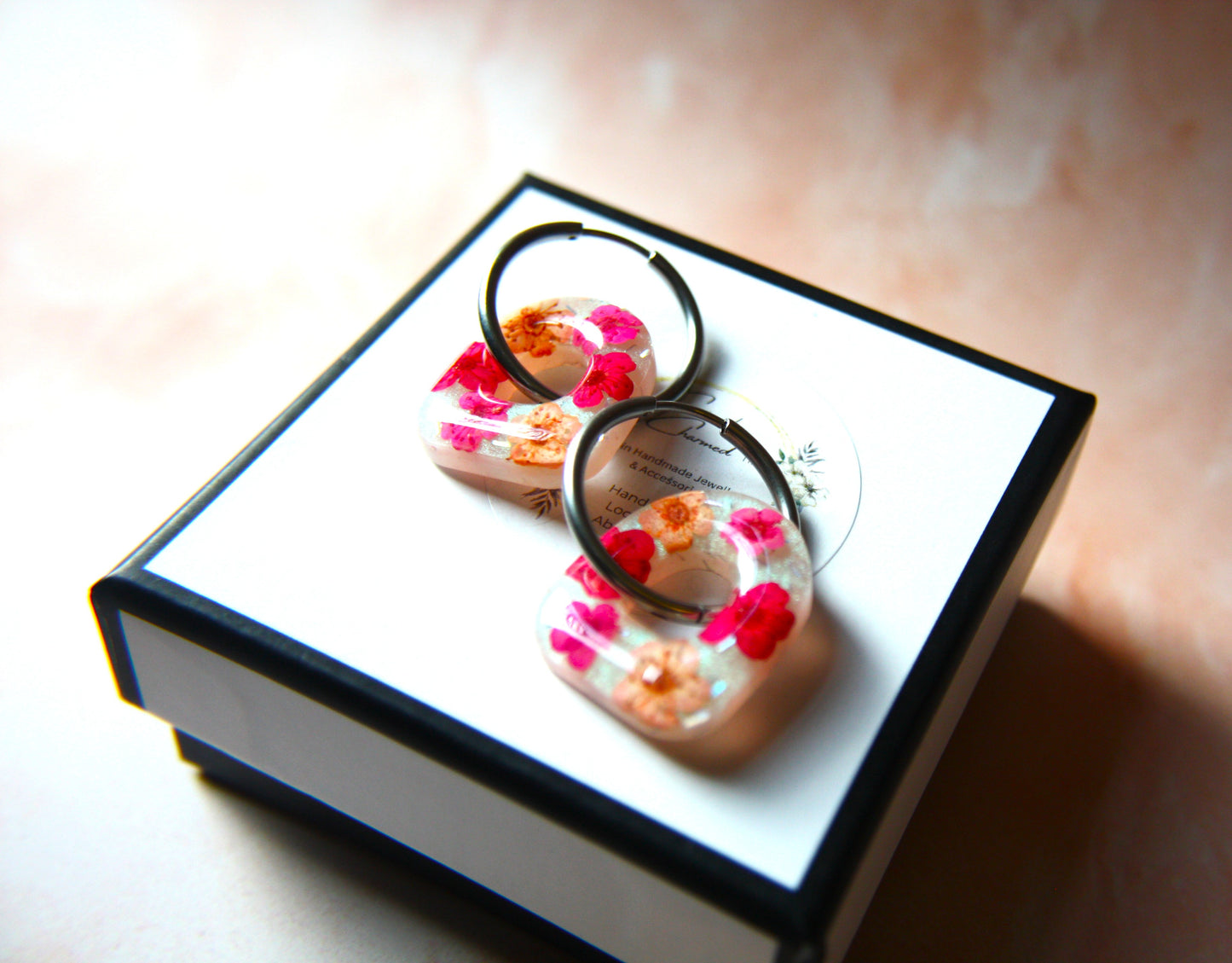 Arch Real Dried Cherry Blossom Dangle Hoop Earrings