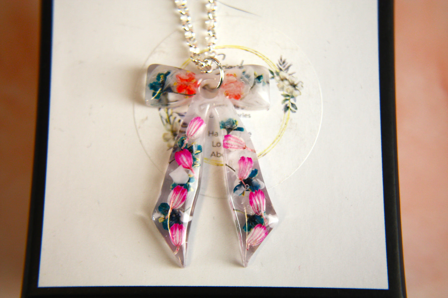 Large Bow Pink and Green Tulip Real Dried Flower Necklace