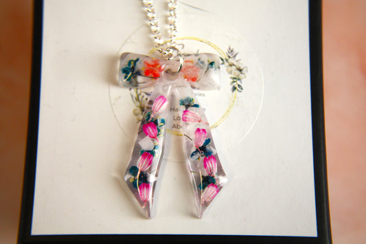 Large Bow Pink and Green Tulip Real Dried Flower Necklace