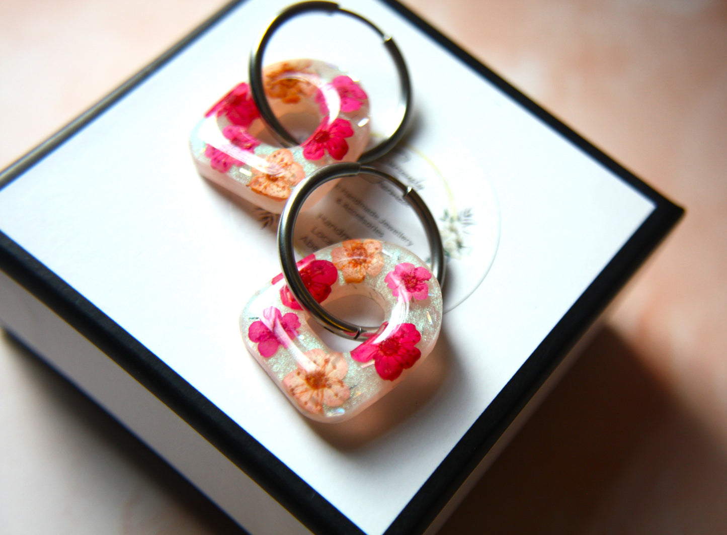 Arch Real Dried Cherry Blossom Dangle Hoop Earrings