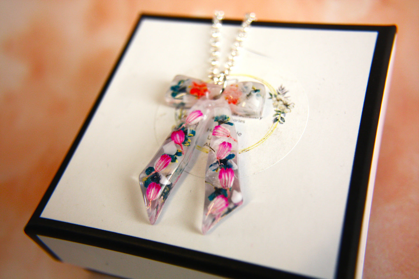 Large Bow Pink and Green Tulip Real Dried Flower Necklace