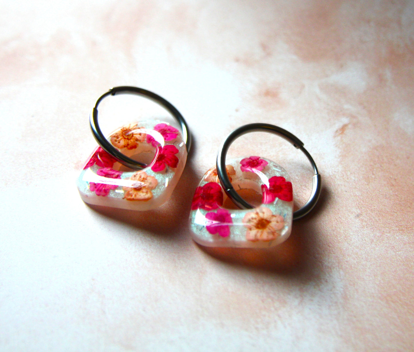 Arch Real Dried Cherry Blossom Dangle Hoop Earrings