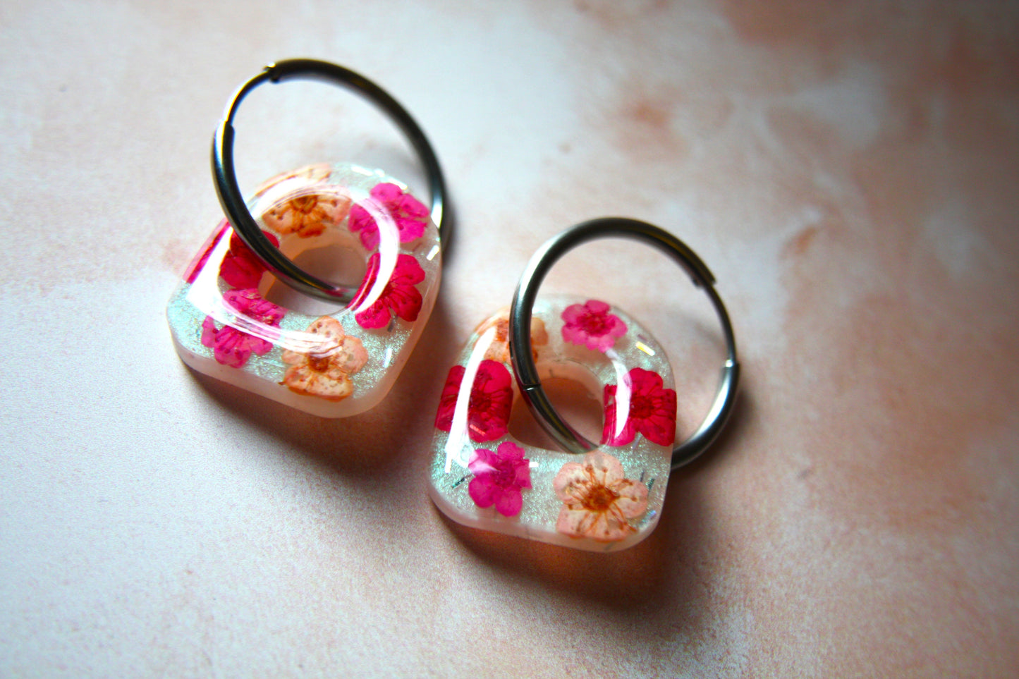 Arch Real Dried Cherry Blossom Dangle Hoop Earrings