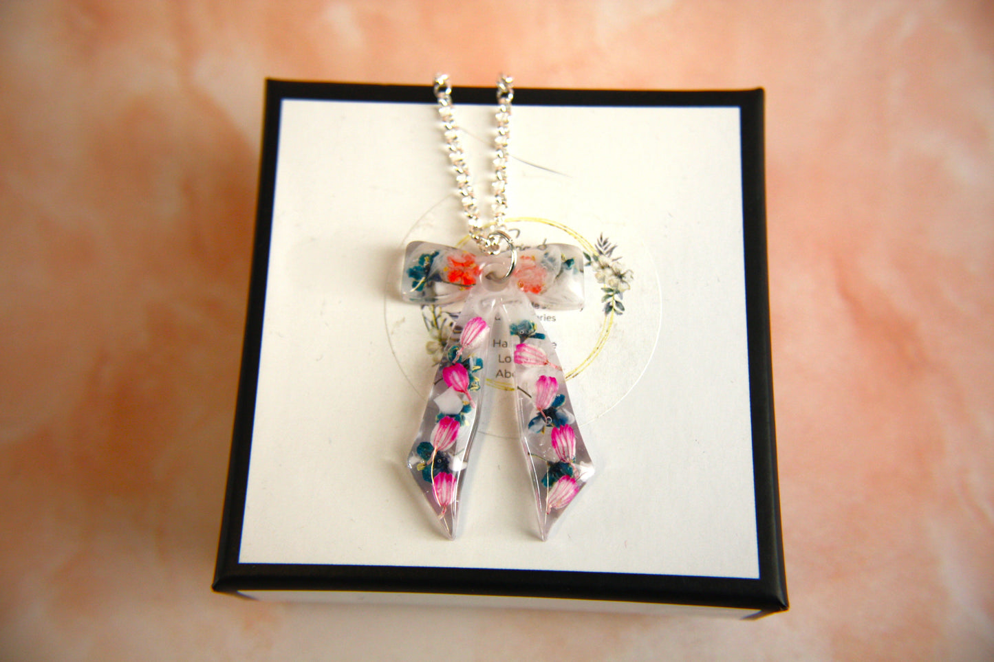 Large Bow Pink and Green Tulip Real Dried Flower Necklace
