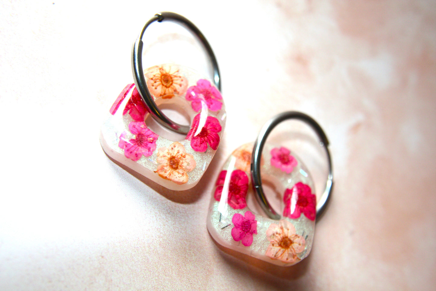 Arch Real Dried Cherry Blossom Dangle Hoop Earrings