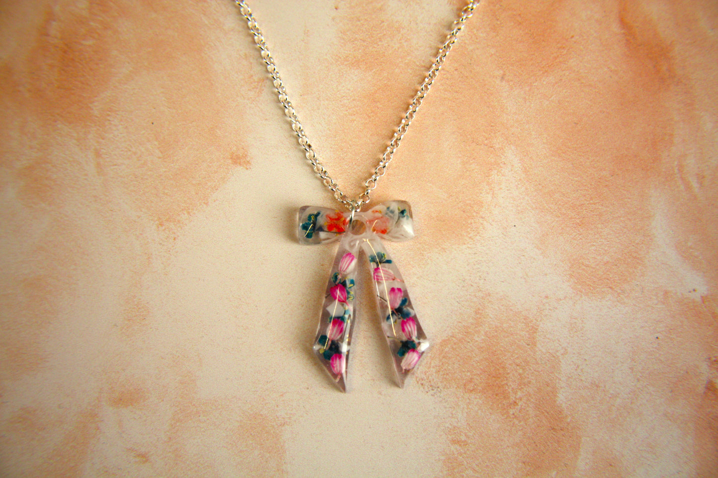 Large Bow Pink and Green Tulip Real Dried Flower Necklace