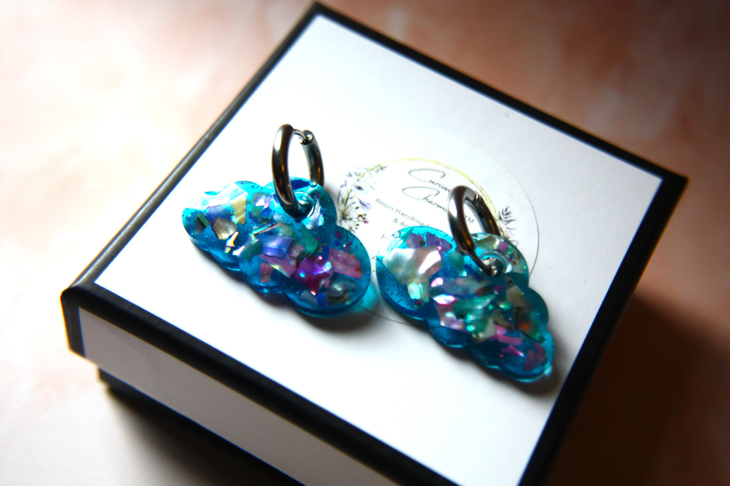 Real Polished Seashell Cloud Light Blue Hoop Dangle Earrings