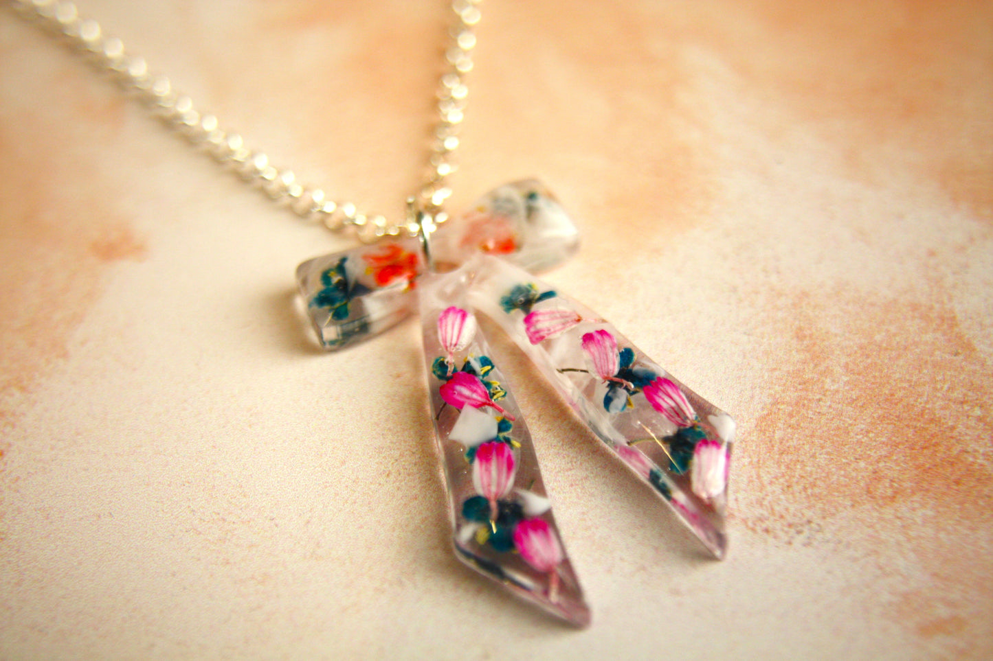 Large Bow Pink and Green Tulip Real Dried Flower Necklace