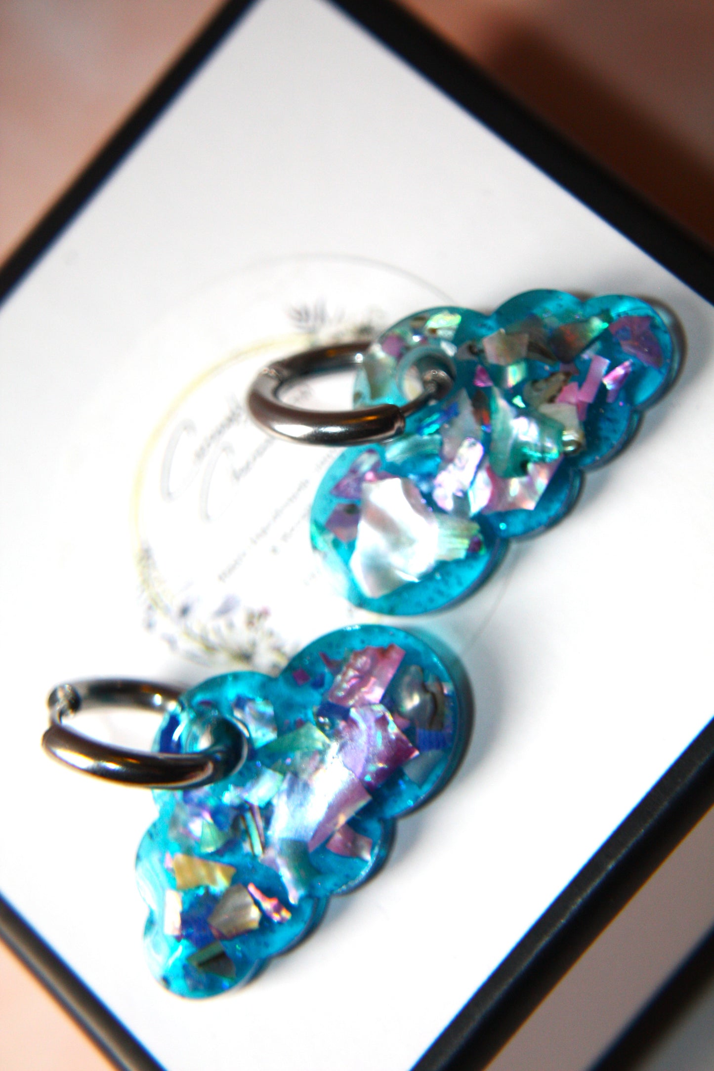 Real Polished Seashell Cloud Light Blue Hoop Dangle Earrings