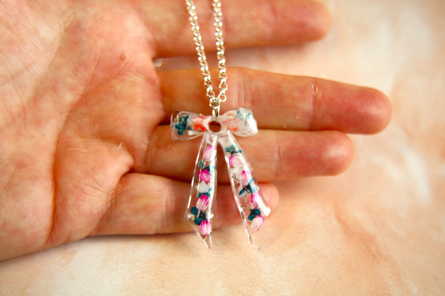 Large Bow Pink and Green Tulip Real Dried Flower Necklace