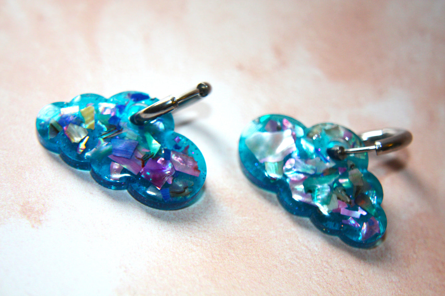 Real Polished Seashell Cloud Light Blue Hoop Dangle Earrings