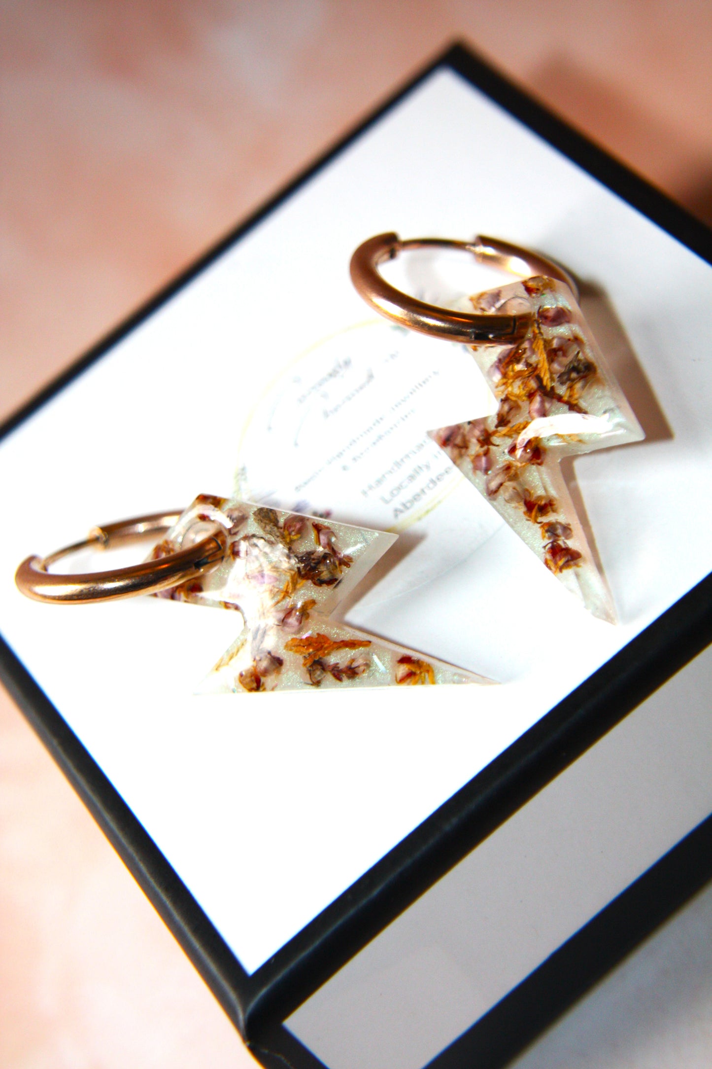 Real Dried Heather Confetti Lightning Gold Hoop Dangle Earrings