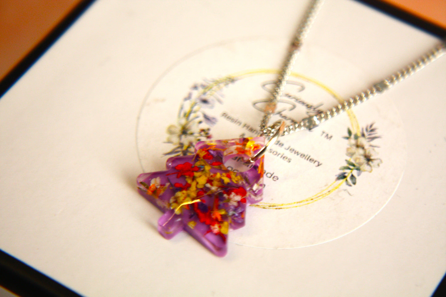 Small Christmas Tree Real Flower Queen Anne Petal Resin Necklace