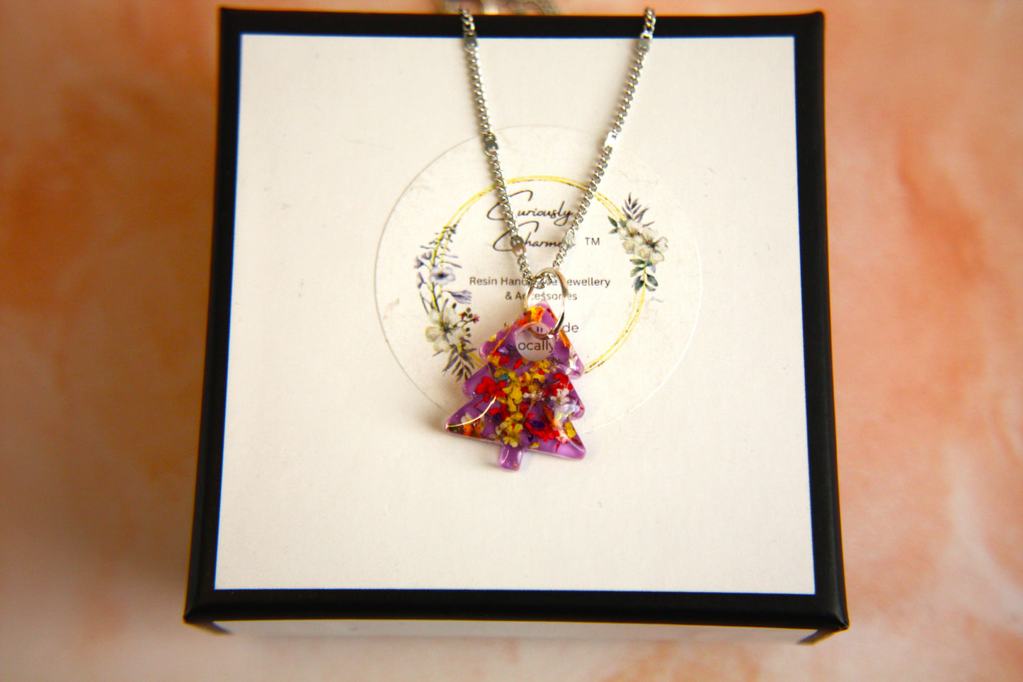 Small Christmas Tree Real Flower Queen Anne Petal Resin Necklace