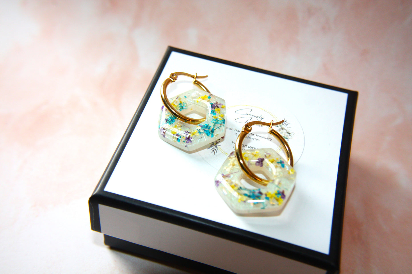 Real Dried Queen Anne Lace Octogon Gold Hoop Dangle Earrings