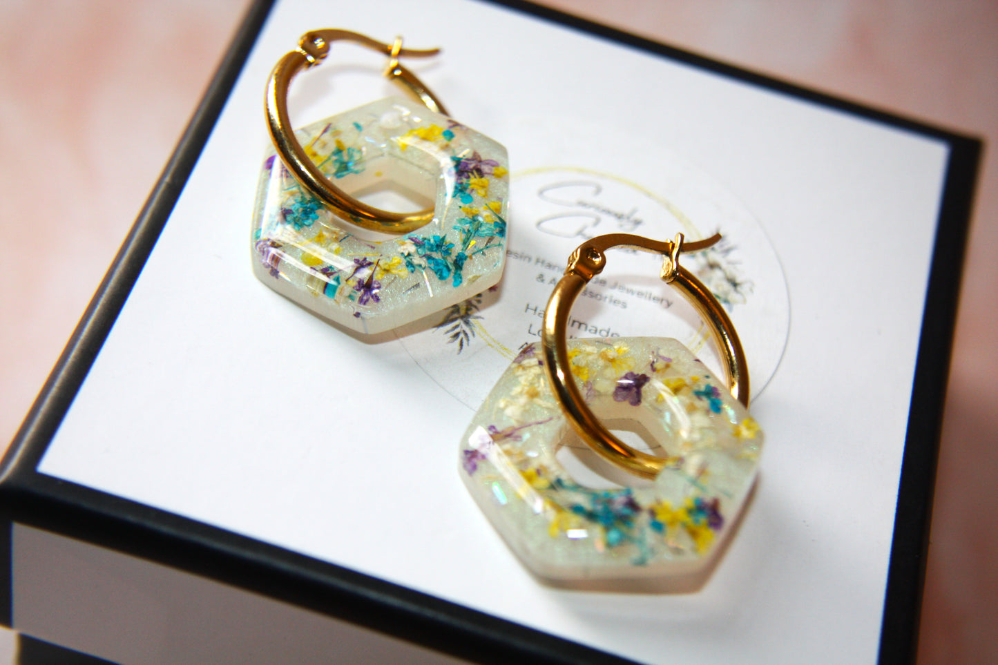 Real Dried Queen Anne Lace Octogon Gold Hoop Dangle Earrings