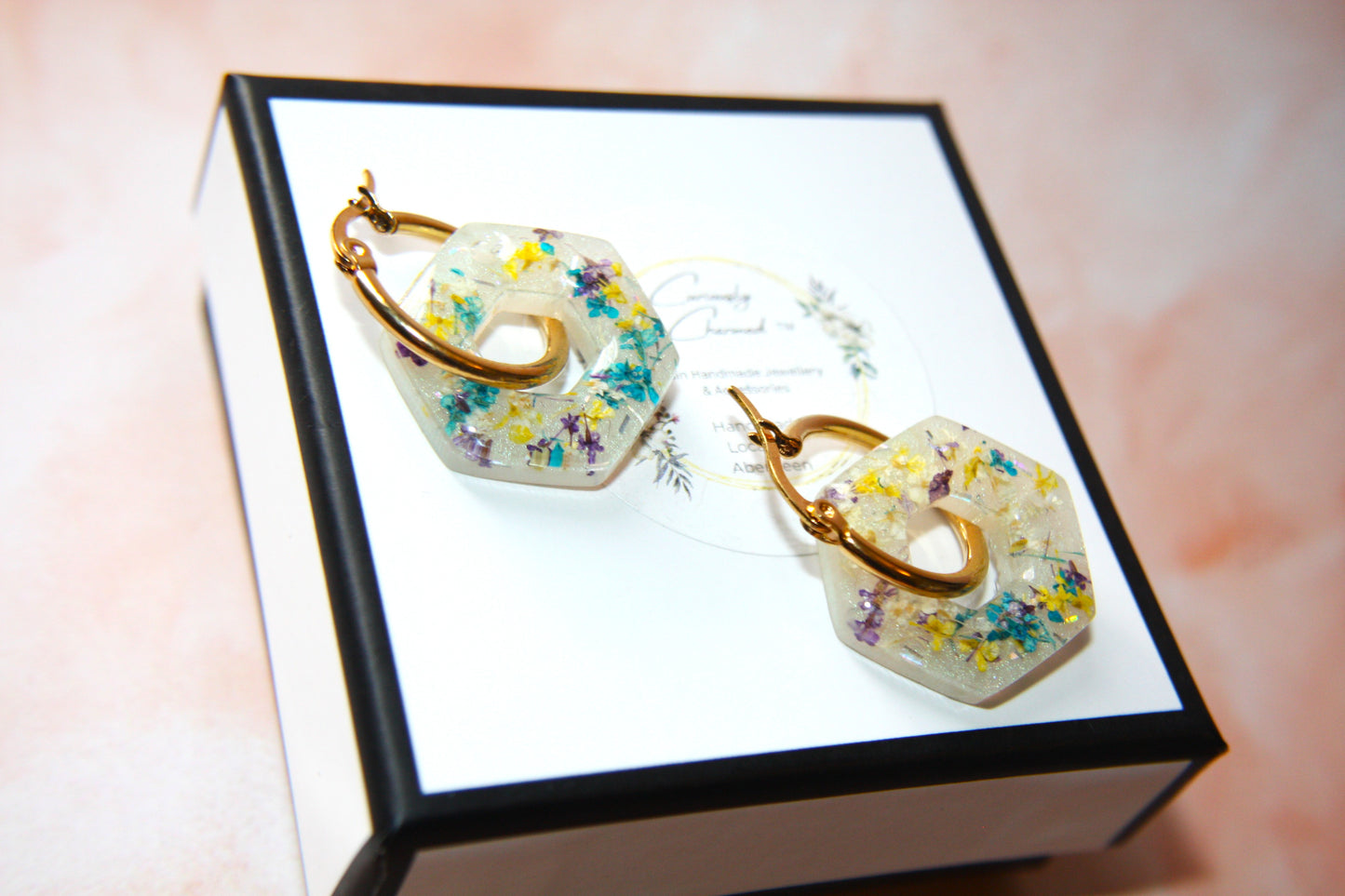 Real Dried Queen Anne Lace Octogon Gold Hoop Dangle Earrings
