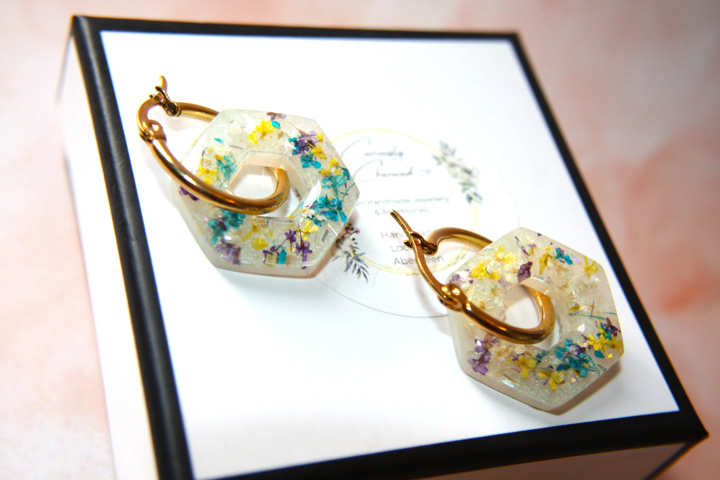 Real Dried Queen Anne Lace Octogon Gold Hoop Dangle Earrings