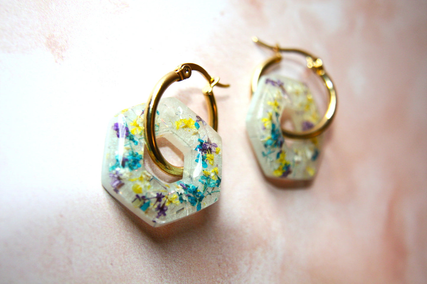 Real Dried Queen Anne Lace Octogon Gold Hoop Dangle Earrings