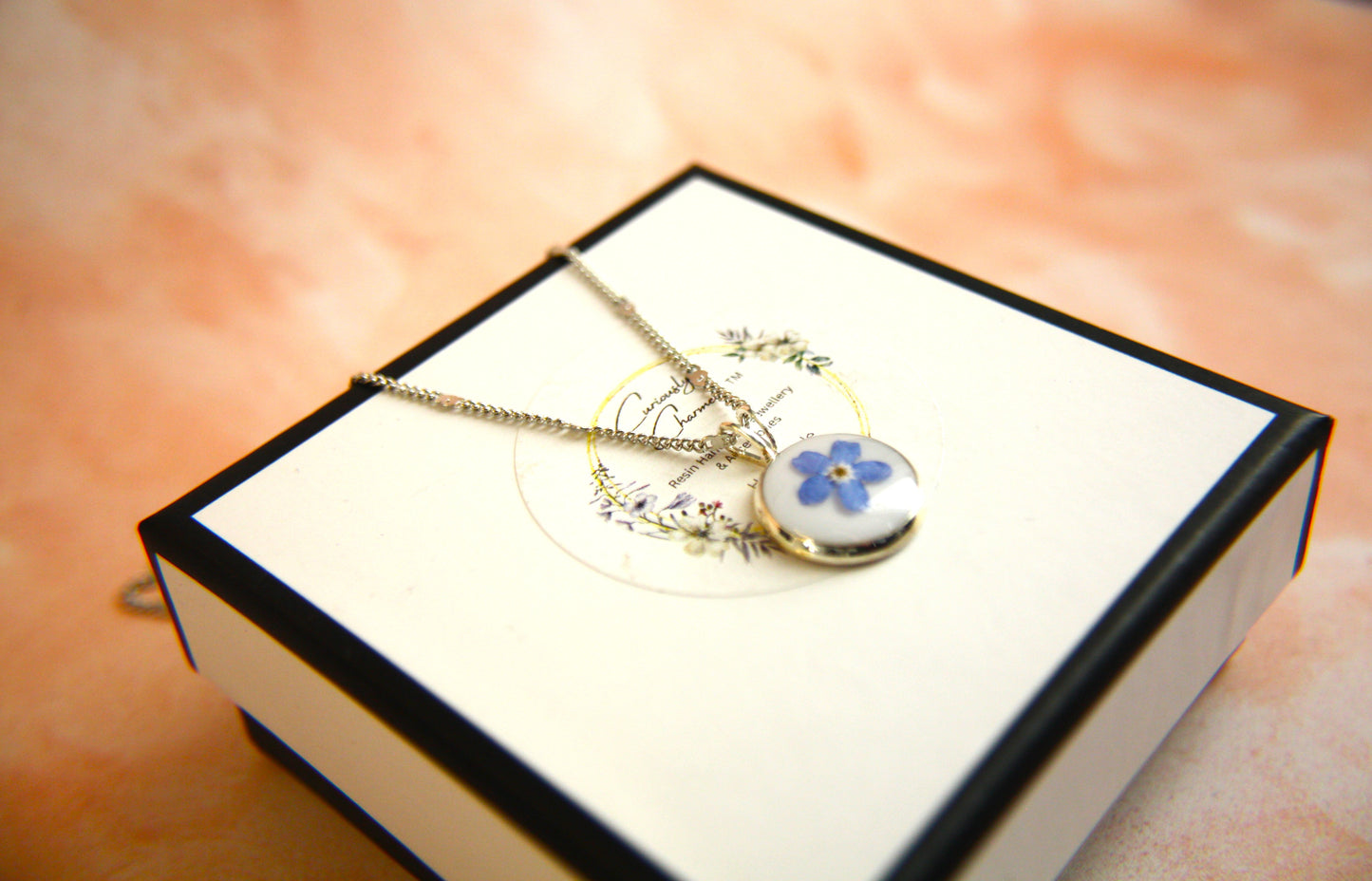 Small Round Blue Real Dried Forget me Not Delicate Dangle Necklace