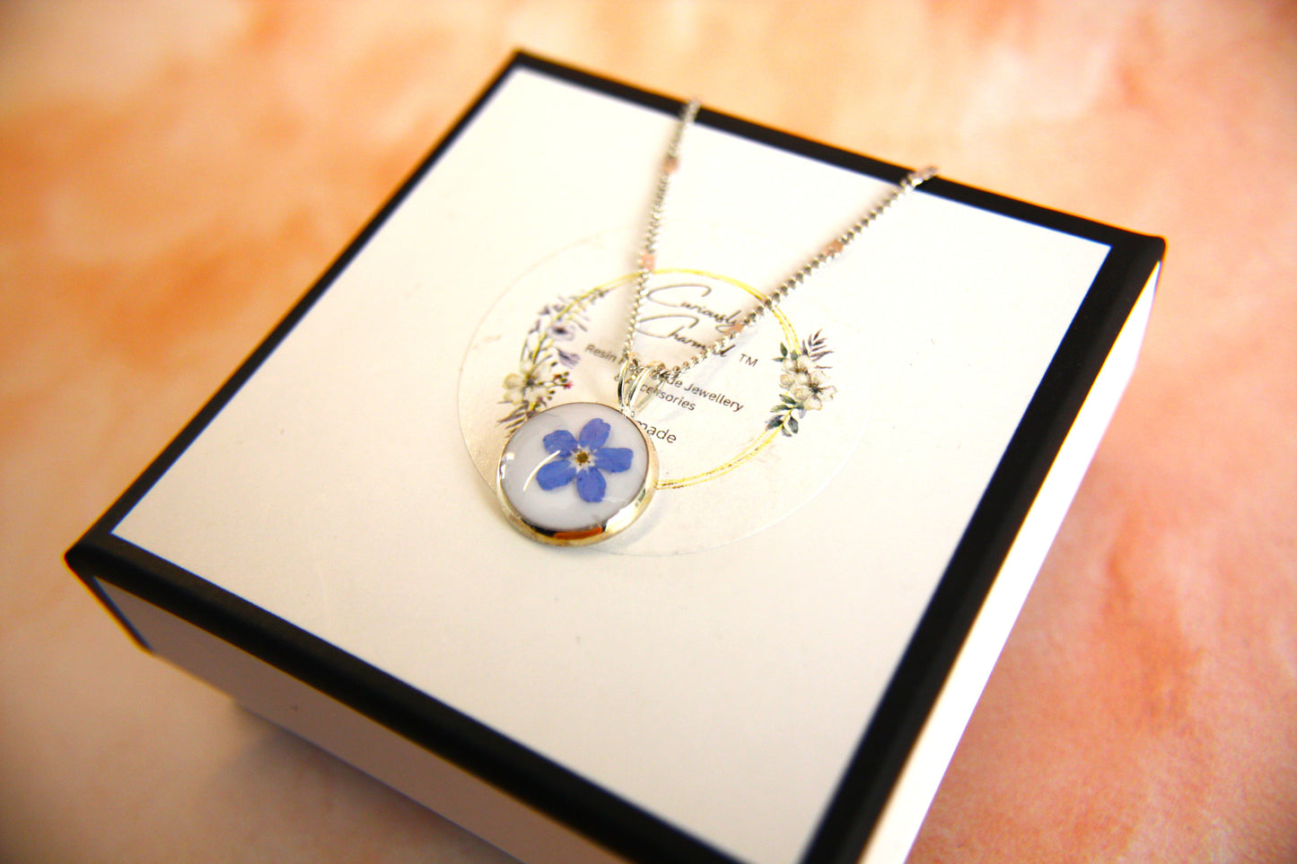 Small Round Blue Real Dried Forget me Not Delicate Dangle Necklace