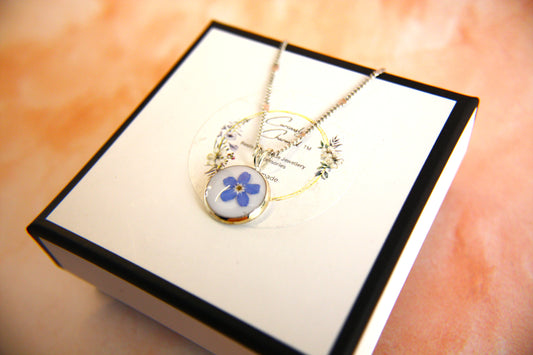 Small Round Blue Real Dried Forget me Not Delicate Dangle Necklace