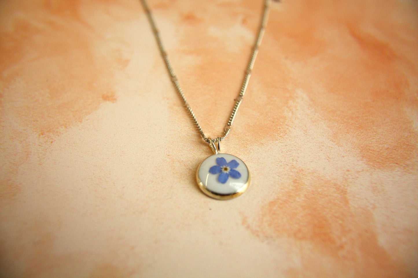 Small Round Blue Real Dried Forget me Not Delicate Dangle Necklace