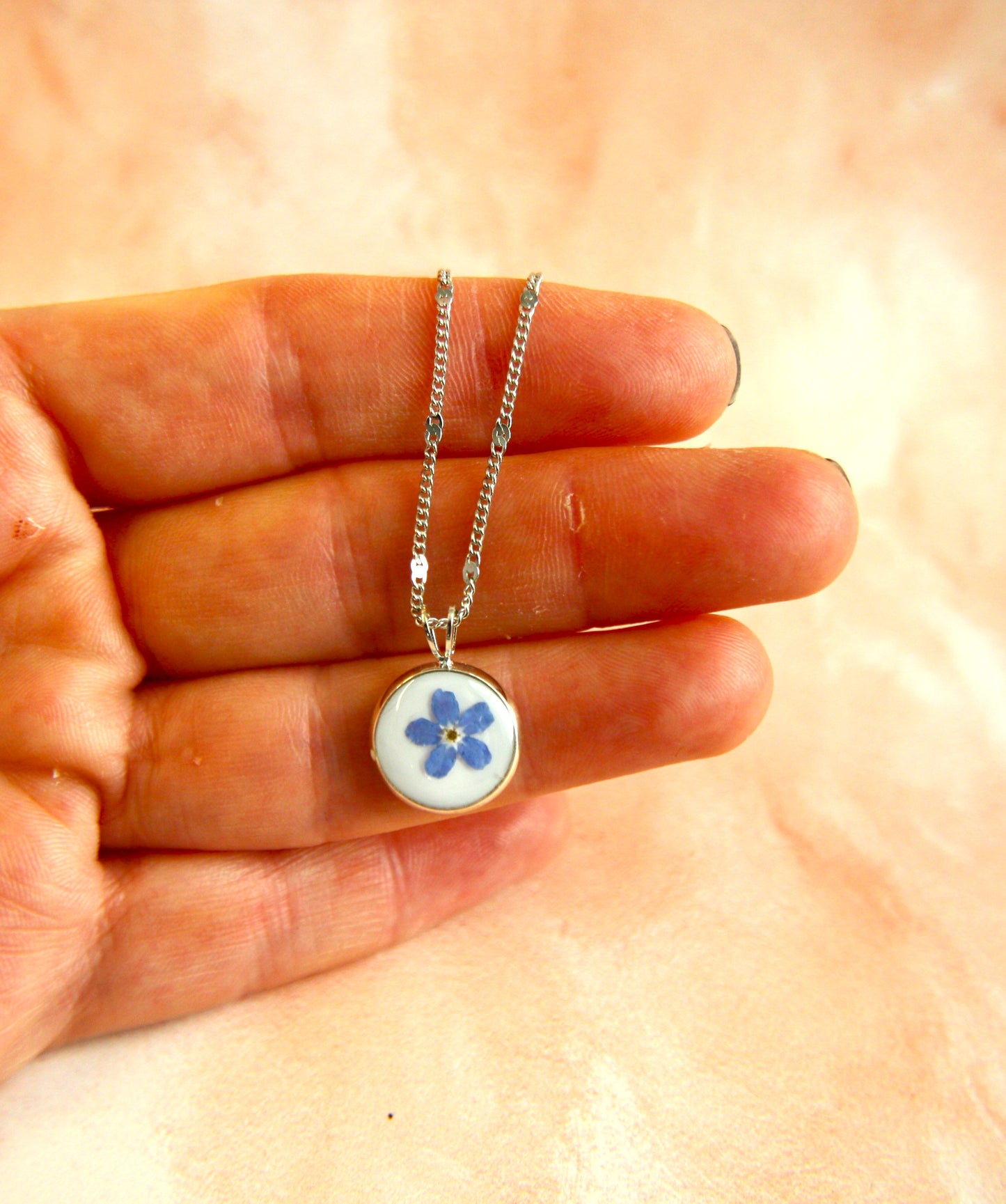 Small Round Blue Real Dried Forget me Not Delicate Dangle Necklace