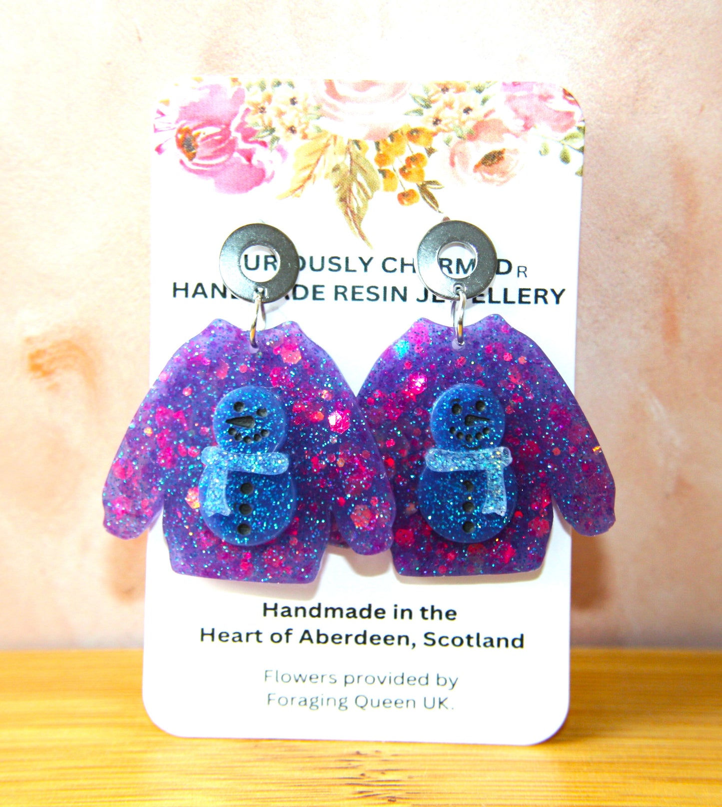 Purple Glitter Ugly Christmas Snowman Jumper Dangle Earrings