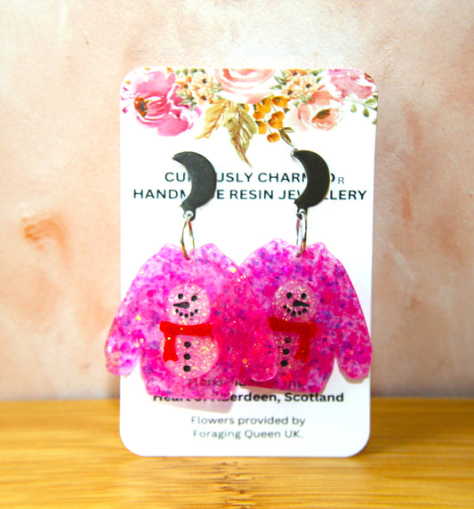 Bright Pink Glitter Ugly Christmas Snowman Jumper Dangle Earrings