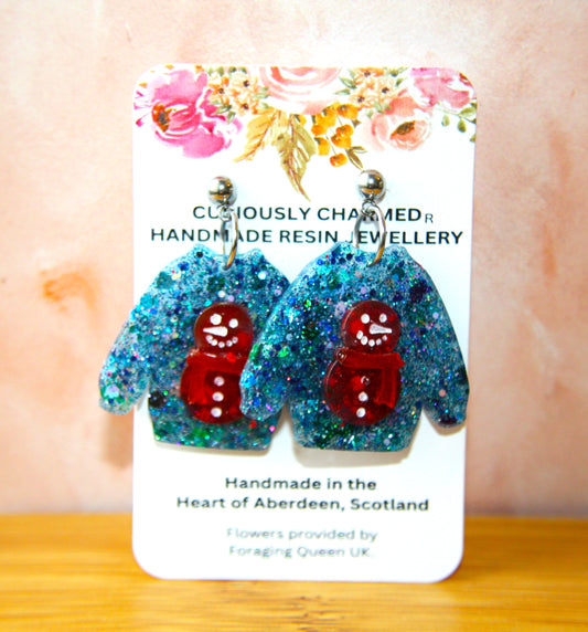 Bright Blue Glitter Ugly Christmas Snowman Jumper Dangle Earrings