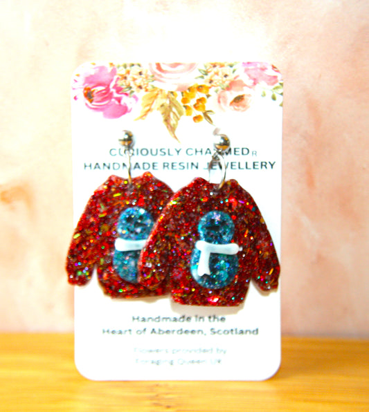 Bright Red Glitter Ugly Christmas Snowman Jumper Dangle Earrings