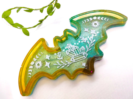 Resin Glitter Ombre Green/Yellow Bat Trinket Tray