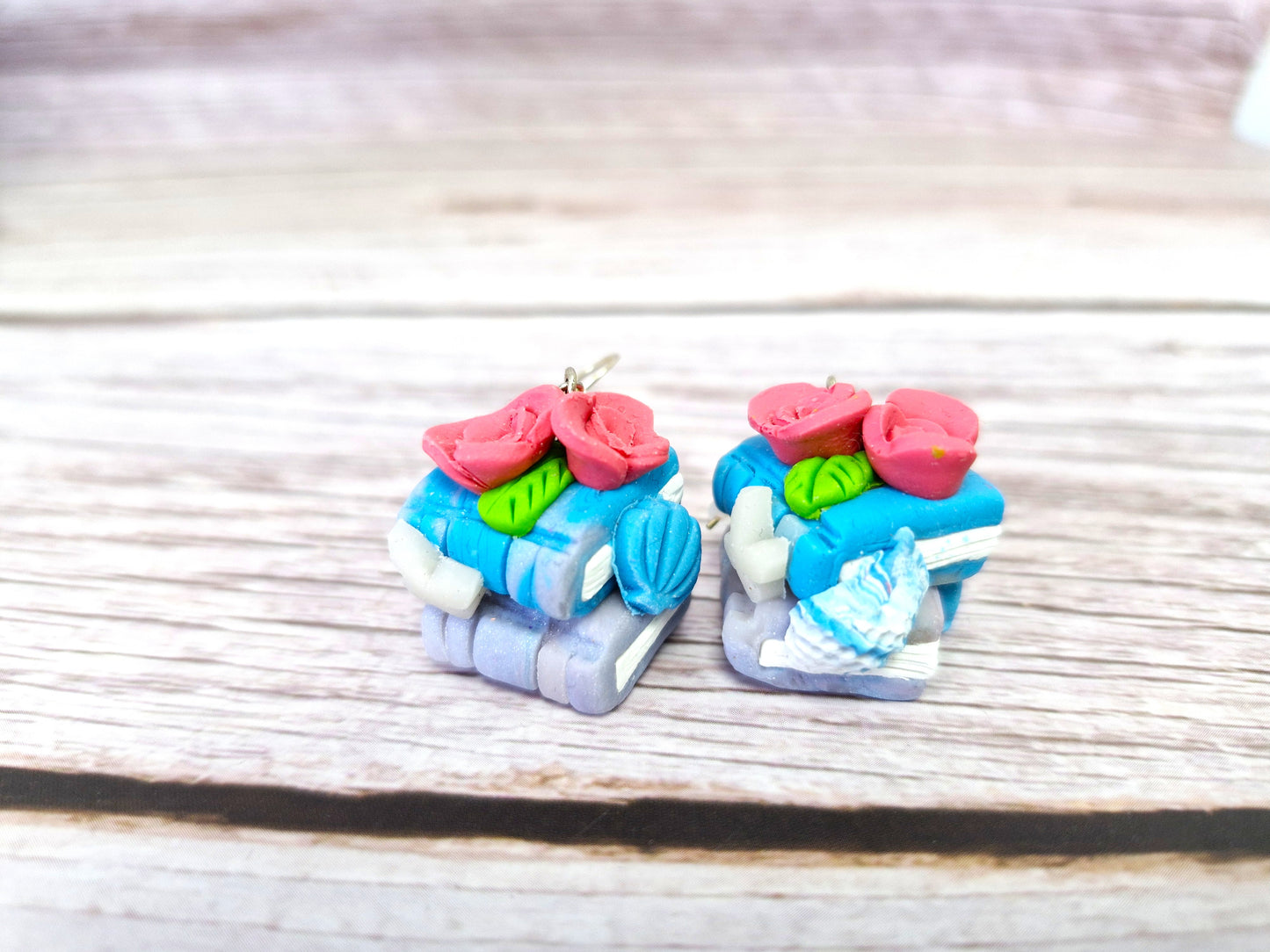 Blue Double Bookstack Ocean Themed with Pink Rose Charms Dangle Earrings