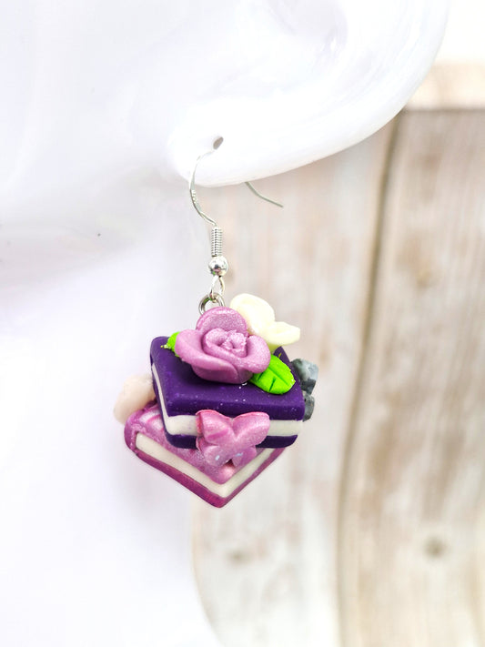 Polymer clay Purple and Pink Delicate Bookstack Rose and butterfly Earrings