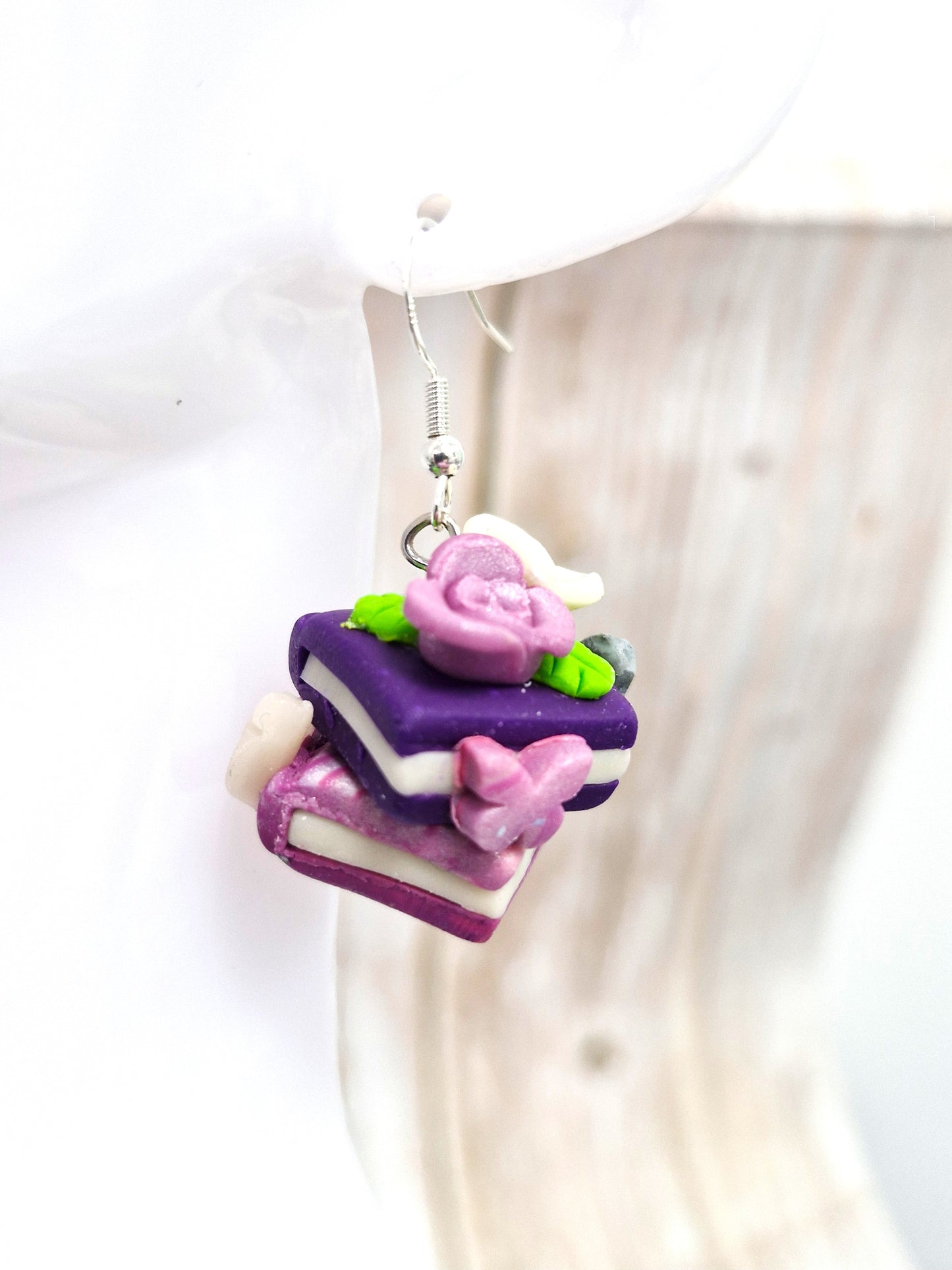 Polymer clay Purple and Pink Delicate Bookstack Rose and butterfly Earrings