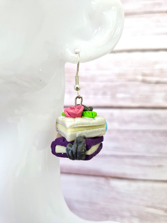 Dark Purple and Cream Bookstack with pink Rose and crystal Charms Dangle Earrings