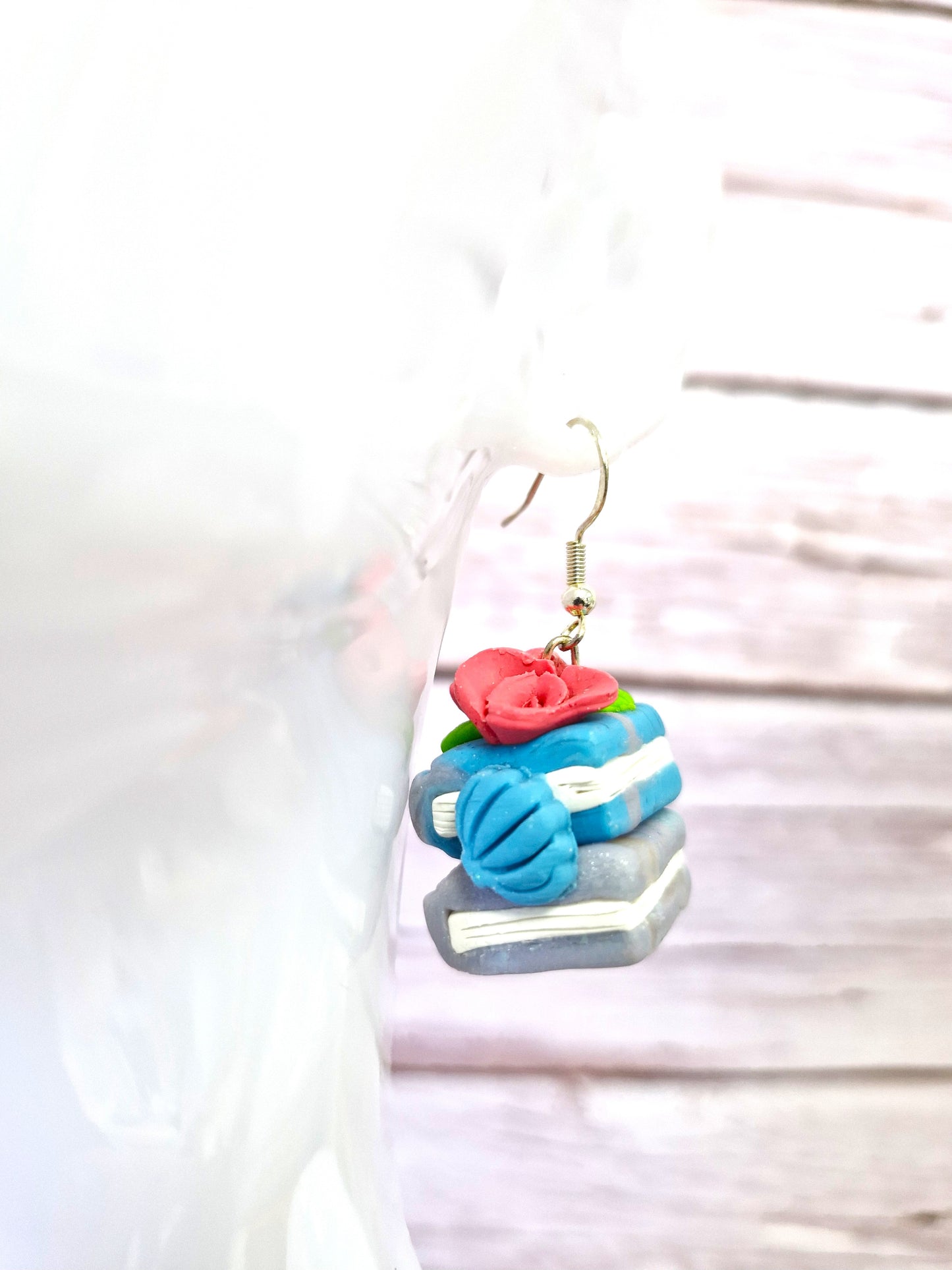Blue Double Bookstack Ocean Themed with Pink Rose Charms Dangle Earrings