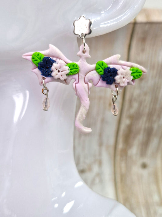 Light Pink Large Dragon Polymer Clay Earrings With Crystals