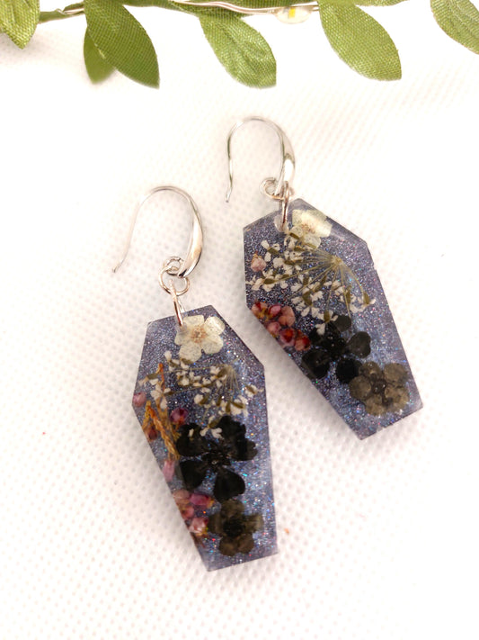 Real Dried Flower Coffin Shaped Dangle Earrings