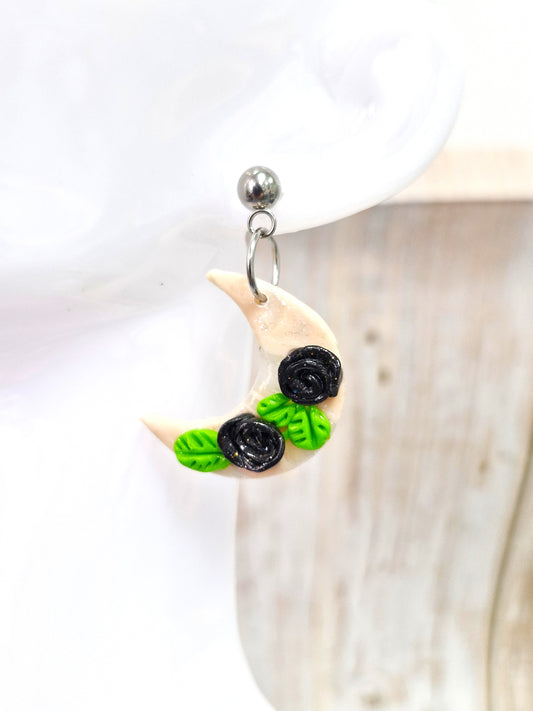 Crescent Cream Black Rose Polymer Clay Dangle Earrings