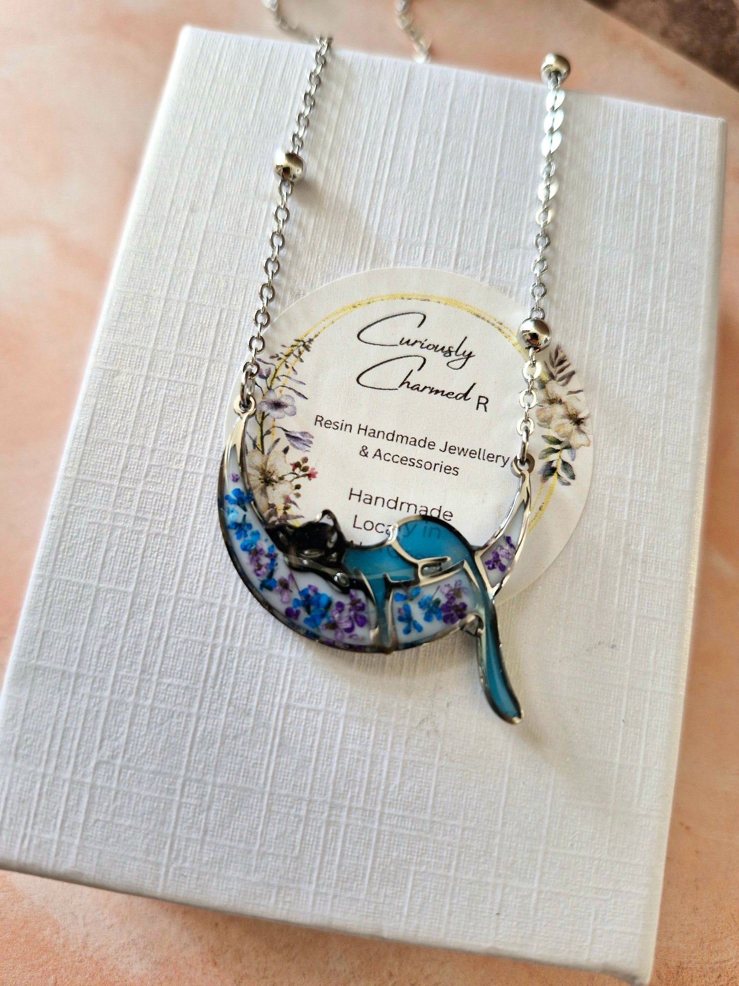 Cat on Moon Floral Necklace