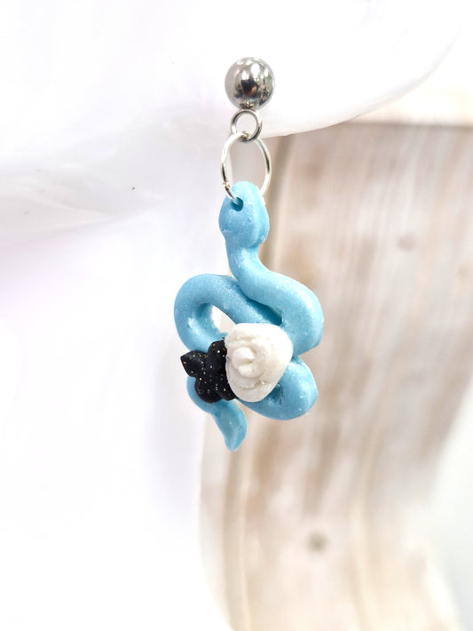 Light Blue Snake with rose and butterfly Polymer Dangle Earrings
