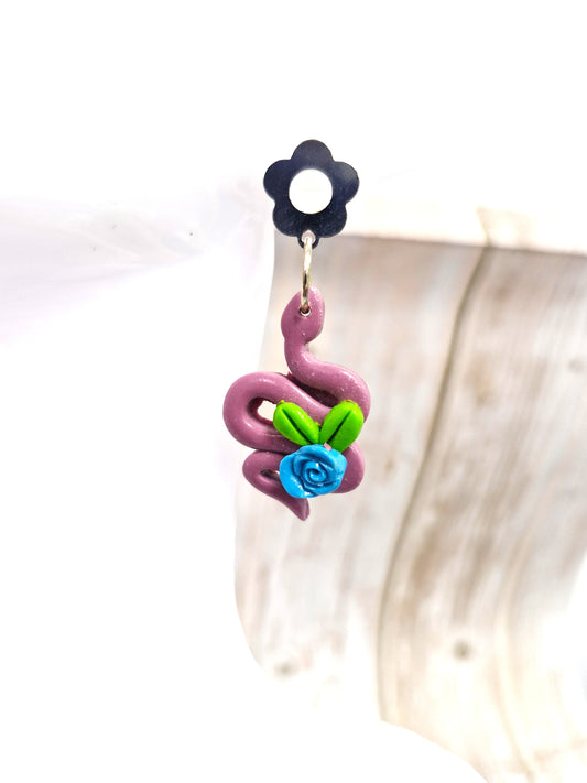 Plum Snake Blue Rose Polymer Clay Dangle Earrings