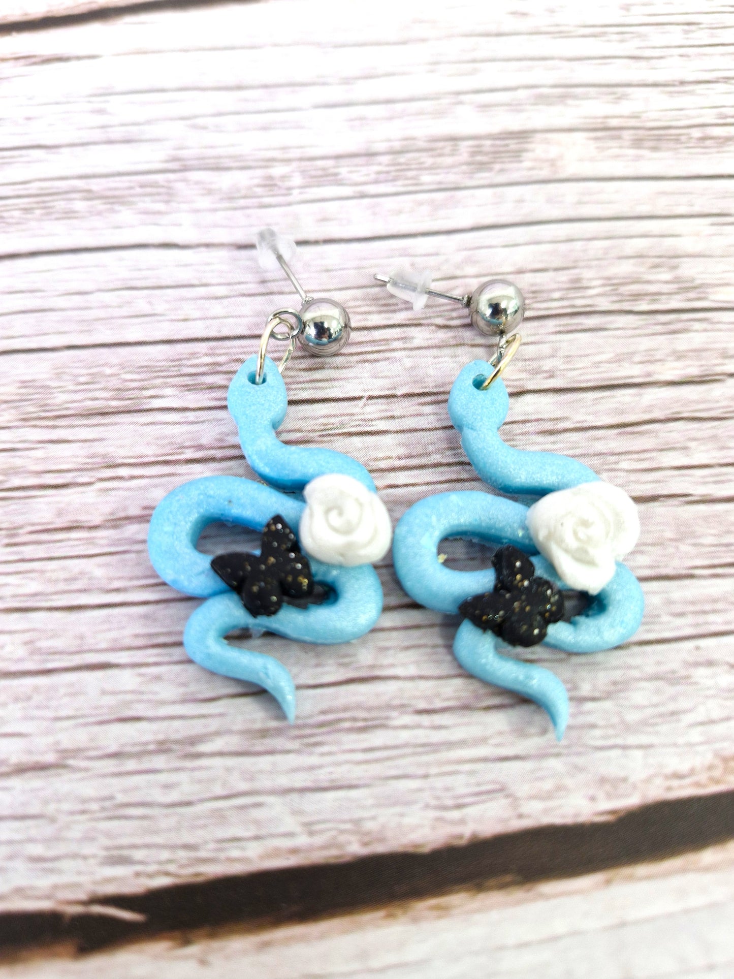 Light Blue Snake with rose and butterfly Polymer Dangle Earrings